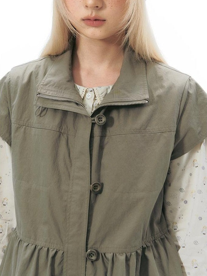 NAPSNAPS Utility Flap Pocket Stand Collar Short Sleeve Cotton Blend Women&