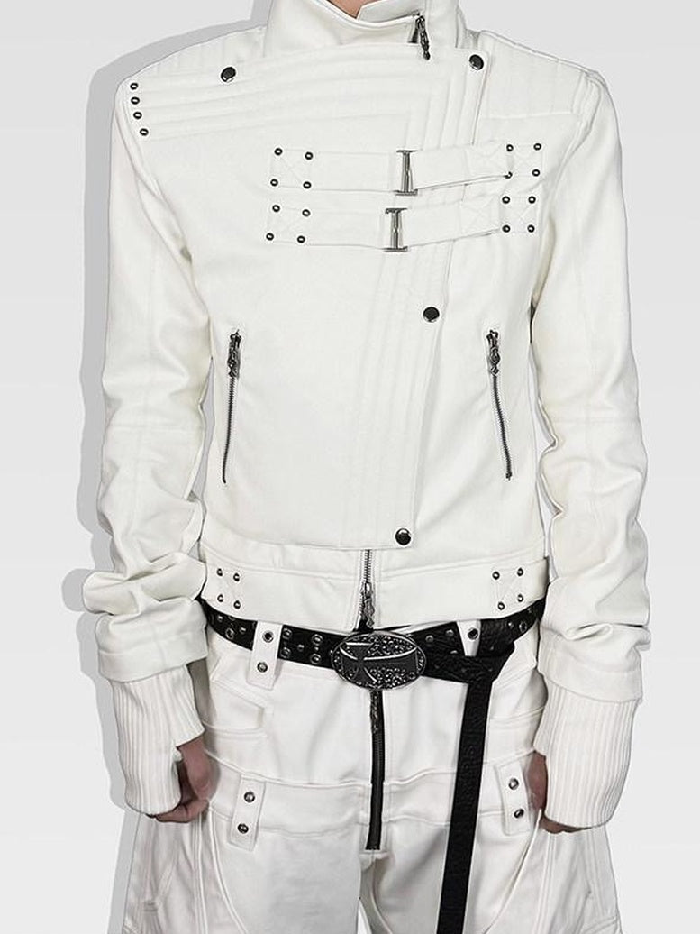 ATAnothingness Windproof Pu Cropped Zip Long Sleeve Silver Moon White Leather Jackets