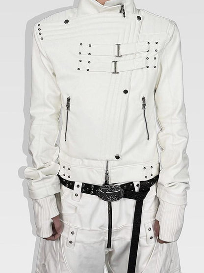 ATAnothingness Windproof Pu Cropped Zip Long Sleeve Silver Moon White Leather Jackets