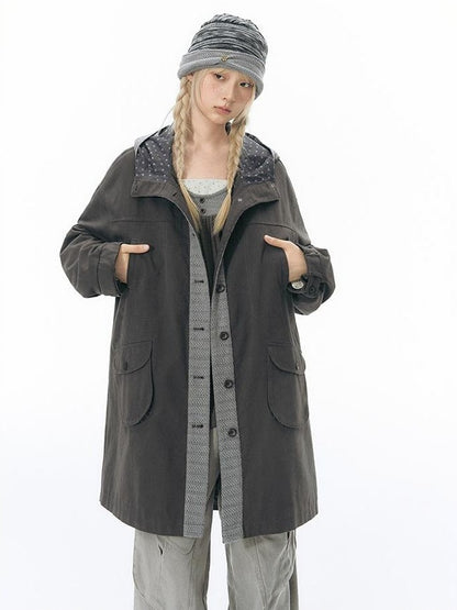 NAPSNAPS Hooded Panelled Loose Cotton Long Sleeve Mid Length Women&