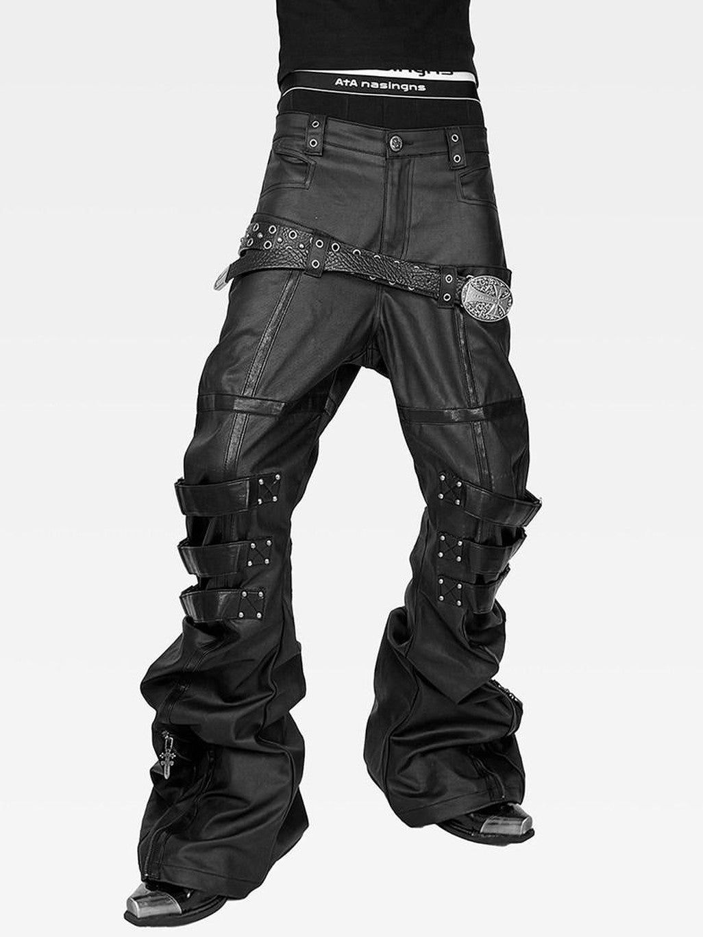 ATAnothingness Waxed Leather Trim Double Waist Stacked Straps Slim Women&