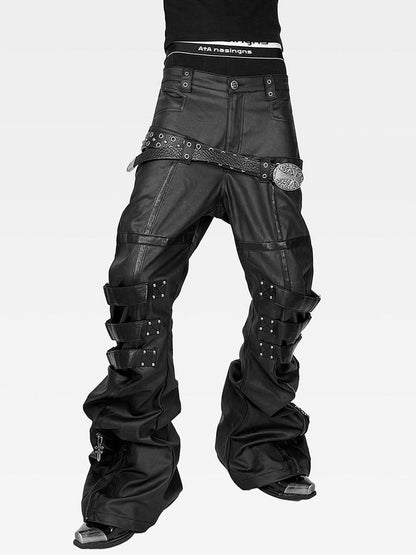 ATAnothingness Waxed Leather Trim Double Waist Stacked Straps Slim Women&