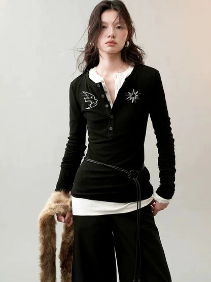 AnnoMundi Rooted Wings Embroidered V-neck T-shirt Long Sleeve T-shirt