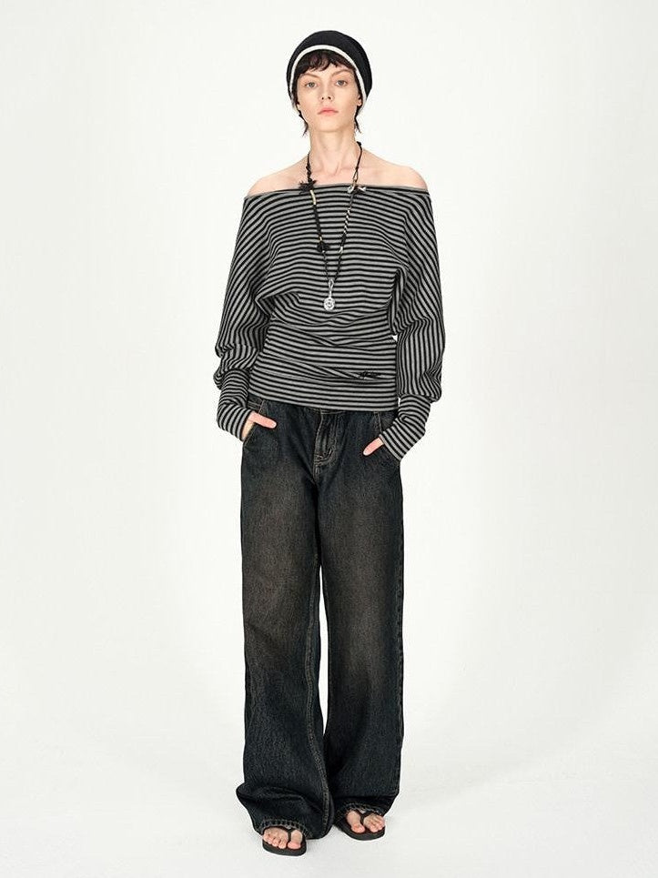 AFTADAWN Ruched Asymmetric Shoulder Striped Embroidered Women&