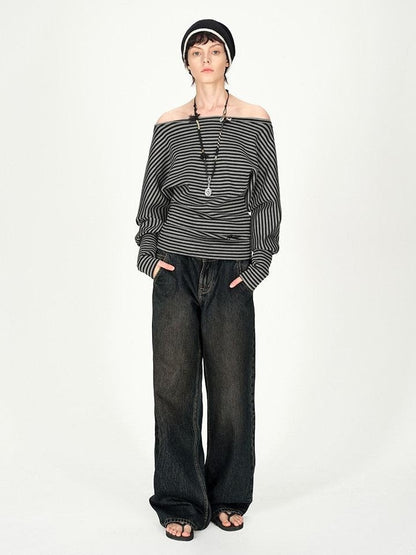 AFTADAWN Ruched Asymmetric Shoulder Striped Embroidered Women&