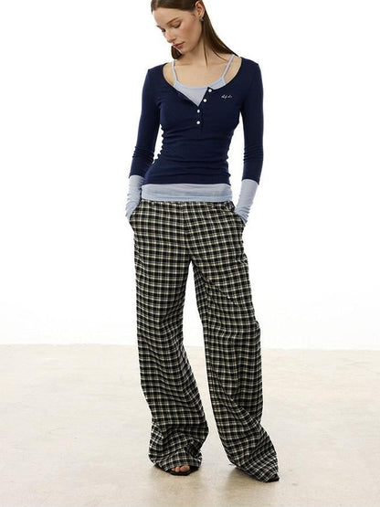 AFTADAWN Plaid Relaxed Mid Rise Natural Waist Pocketed Zip Fly Women&