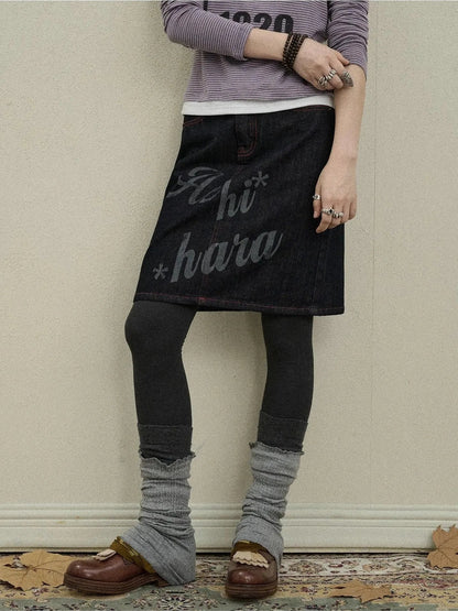 Achihara Denim Print Mini Skirt 2025 Spring Autumn Casual Wear