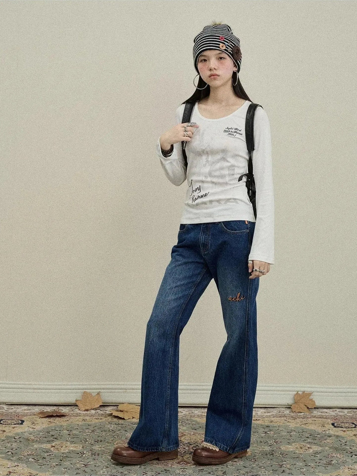 Achihara Embroidered Flared Jeans Distressed Denim Trousers