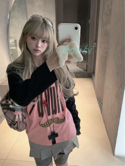 bae bi Retro Letter Leopard Print Raglan Colorblock Women&