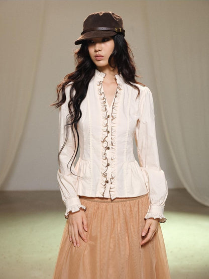 lvetong Beige Bubble Sleeve Ruffle Trim Splice Cinched Waist Women&