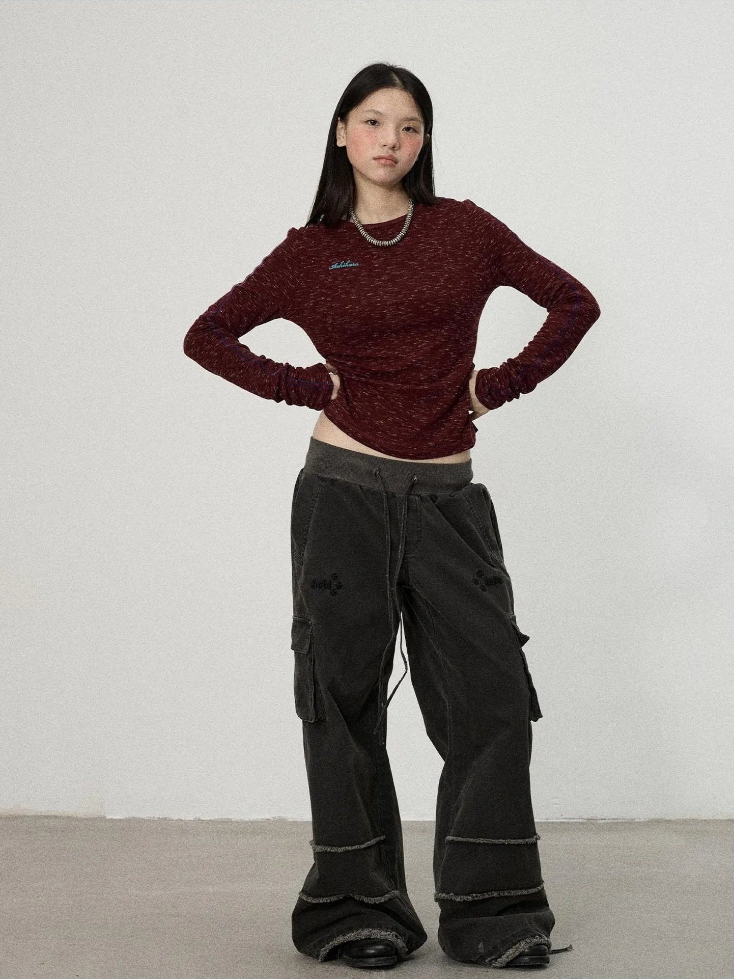 Achihara Striped Velvet Ribbed Long Sleeve V-neck Top