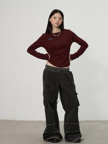 Achihara Striped Velvet Ribbed Long Sleeve V-neck Top
