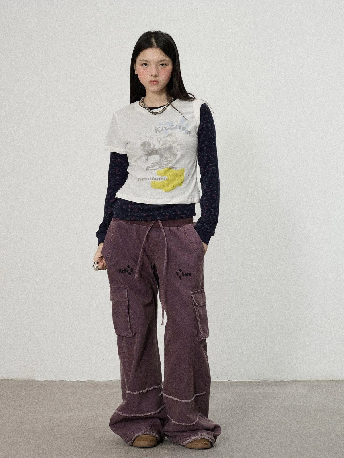 Achihara Two Piece Knit Set With Floral Print V-neck T-shirt Long Sleeve