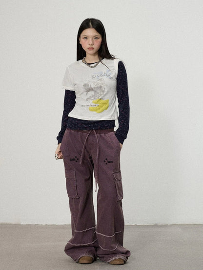 Achihara Two Piece Knit Set With Floral Print V-neck T-shirt Long Sleeve