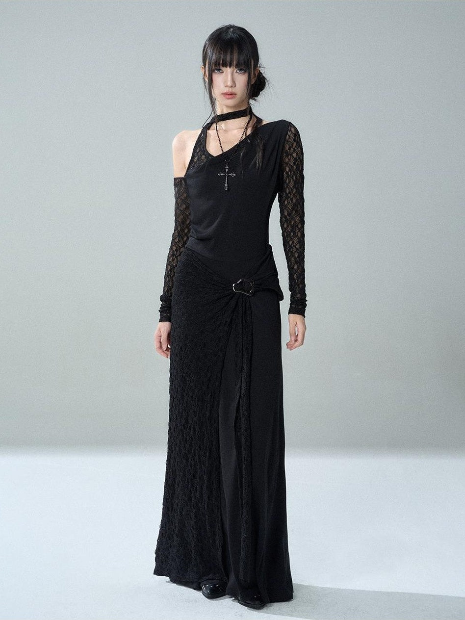 LADYGHOST Black Lace One Shoulder Long Sleeve Women&