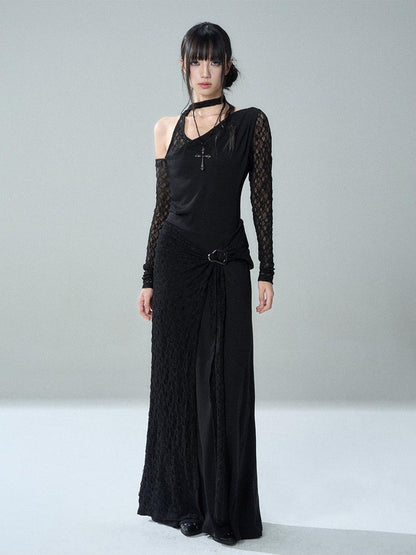 LADYGHOST Black Lace One Shoulder Long Sleeve Women&