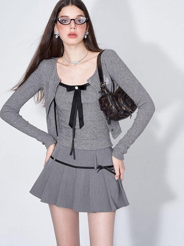 AFTADAWN Grey Bow Cardigan Pleated Skirt Women&