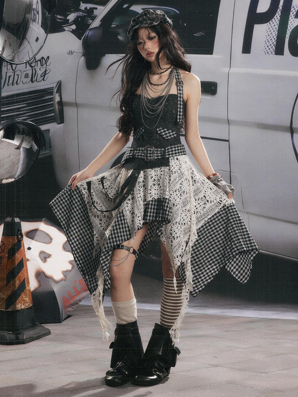 ALL iN plan Plaid Patchwork Asymmetric Tiered Women&