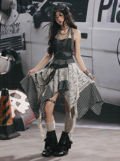 ALL iN plan Plaid Patchwork Asymmetric Tiered Women&