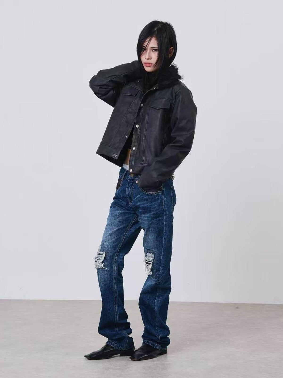 DETW onLine Distressed Washed Patchwork Metal Buckle Fur Collar Women&
