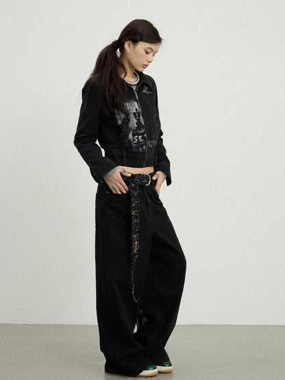 Achihara Print Fleece Lined Stand Collar Cotton Denim Women&