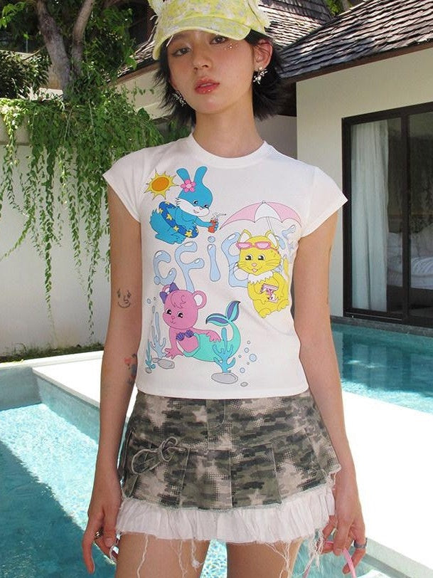 CFIERCE Animal Pool Party Print Slim Short Sleeve Women&