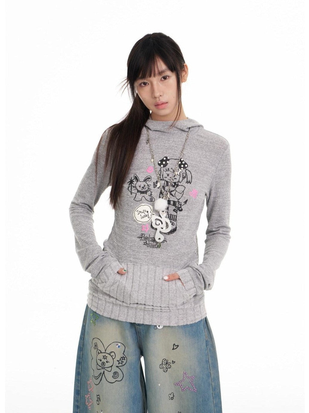 BETWEENAND Bunny Ear Hood Puff Print Straight Cut Women&