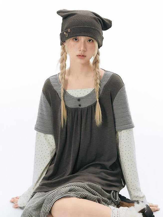 NAPSNAPS Vintage Spliced Faux Layered Round Neck Women&