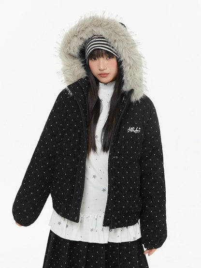 atrandom Polka Dot Embroidery Fur Collar Women&