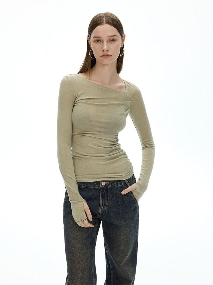 AFTADAWN Khaki Asymmetric Pleated Shoulder Women&