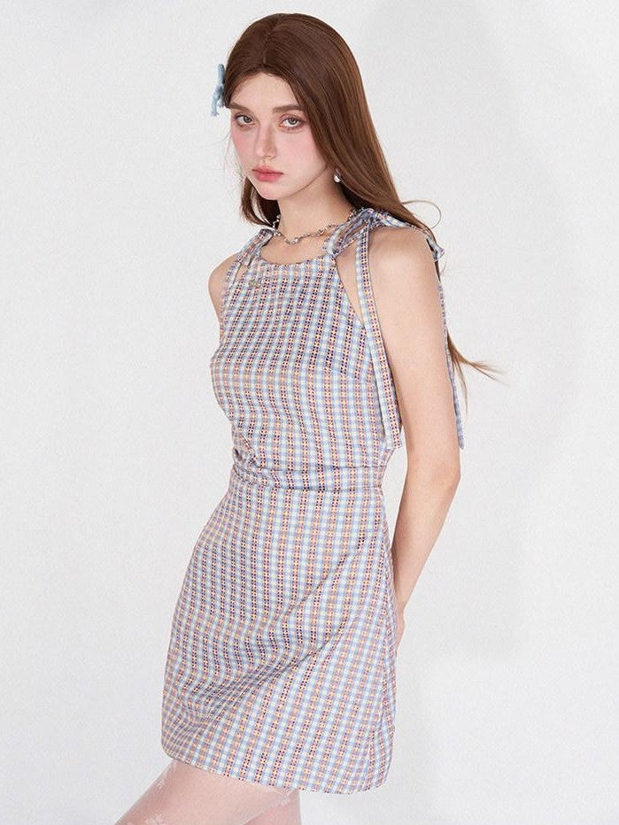 AFTADAWN Grapevine Plaid Halter Tie Ruched Women&