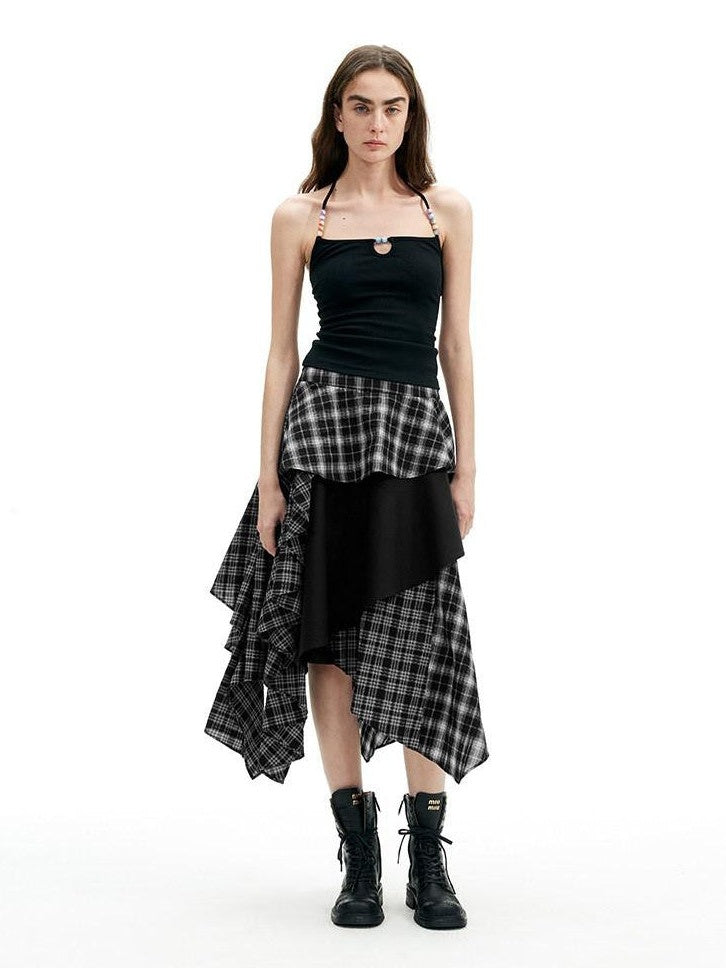 AFTADAWN Black White Plaid Patchwork Irregular A Line Women&