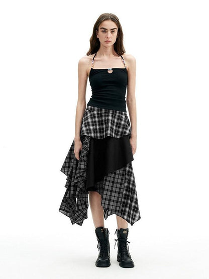 AFTADAWN Black White Plaid Patchwork Irregular A Line Women&