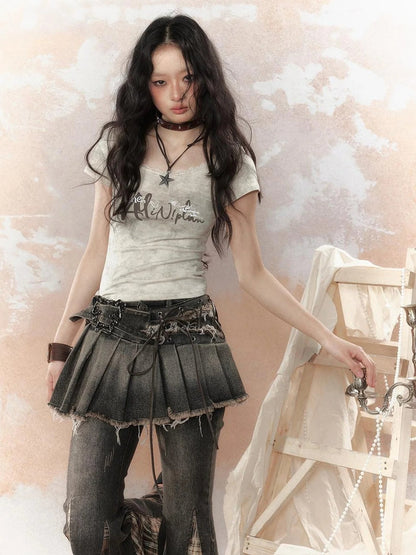 ALL iN plan Steampunk Rivet Studded Denim Mini Skirt