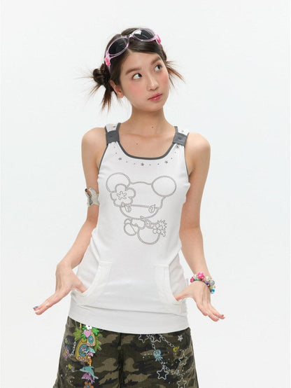 BETWEENAND Two Tone Beaded Faux Pocket Racerback Women&