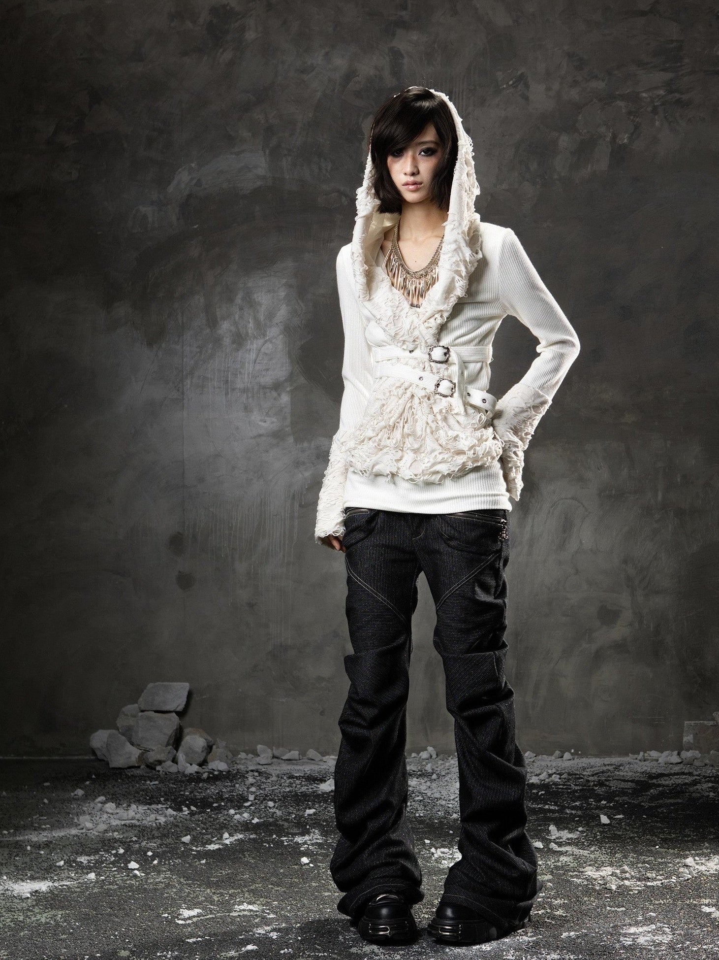 ARIADNAw Black Denim Punk Double Waistband Curved Stacked Texture Women&