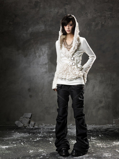ARIADNAw Black Denim Punk Double Waistband Curved Stacked Texture Women&