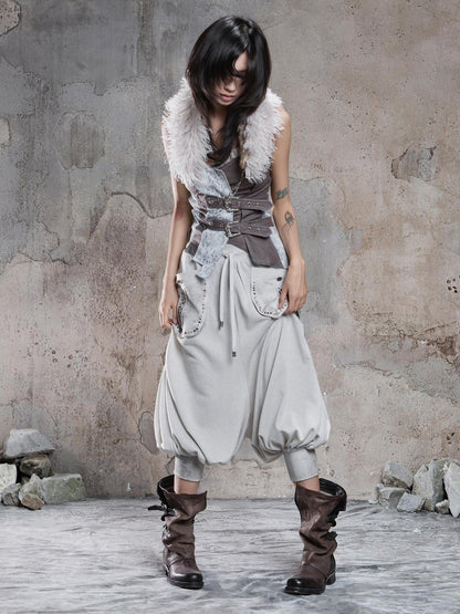 ARIADNAw Light Gray Retro Punk Drop Crotch Big Pocket Rhinestone Women&