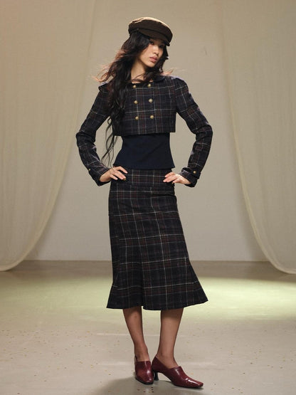 lvetong Plaid Wool Blend Cropped Jacket Long Sleeve Fishtail Skirt Women&