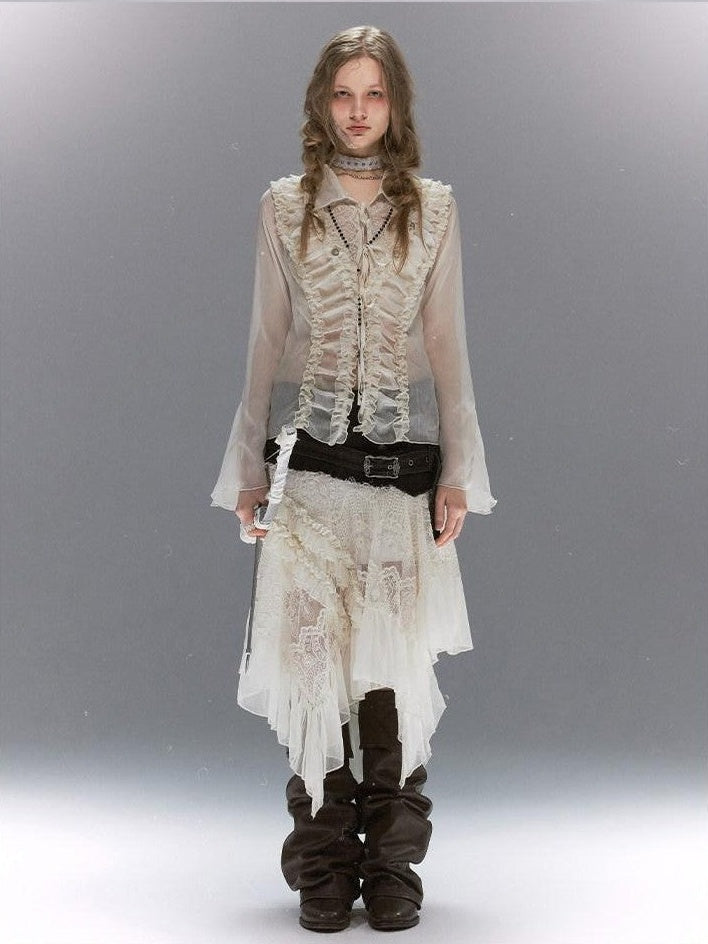 Cest Nous Court Lace Pleated Collared Placket Long Sleeve Women&