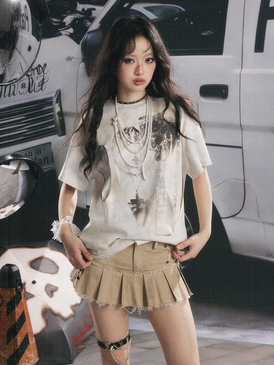 ALL iN plan Khaki Pleated Star Tiered Low Waist Women&