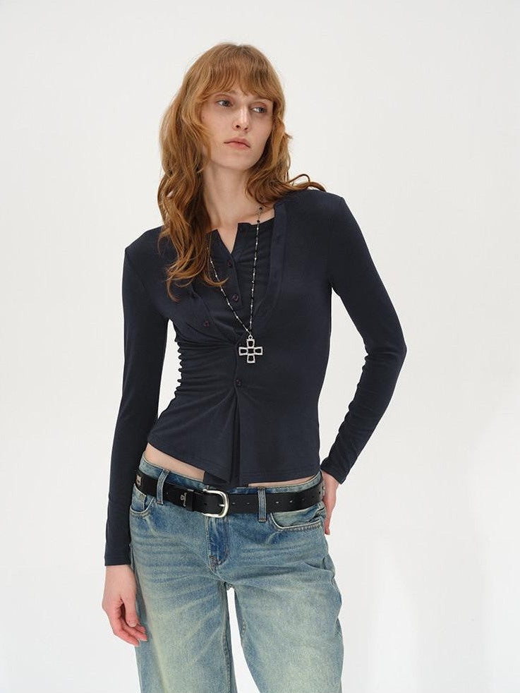 AFTADAWN Irregular Button Placket Faux Layered Women&