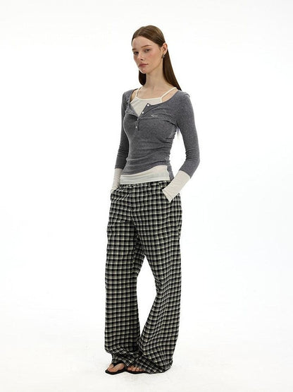 AFTADAWN Colorblock Faux Two Piece Henley Women&