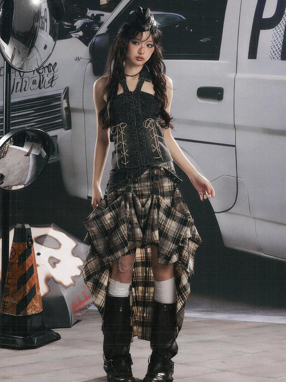 ALL iN plan Black Plaid Tie Waist Zipper Slim Fit Women&