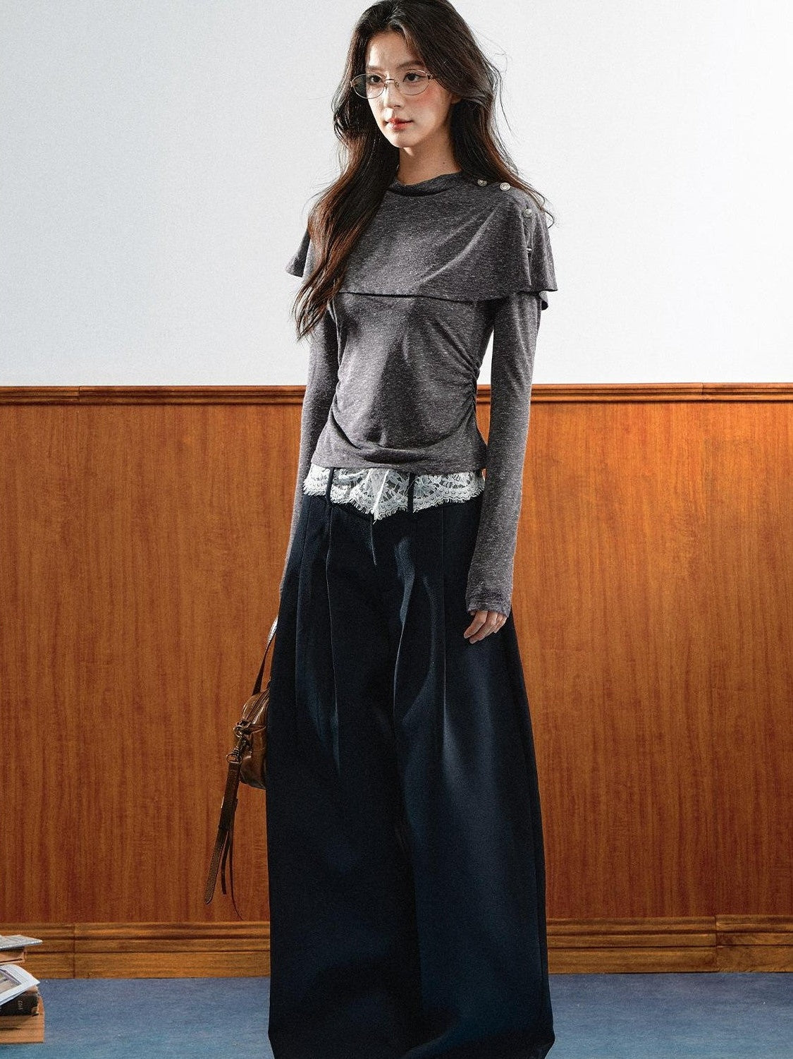 7Shiftin Double Collar Shirred Shoulder Women&