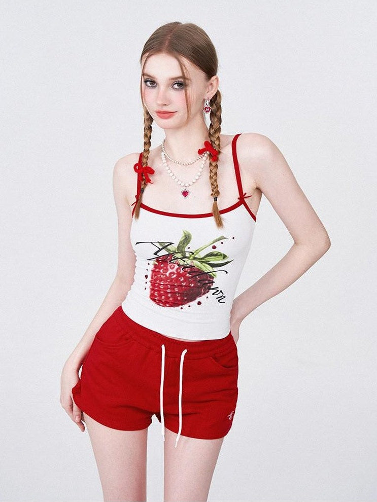 AFTADAWN Strawberry Print Cropped Slim Women&