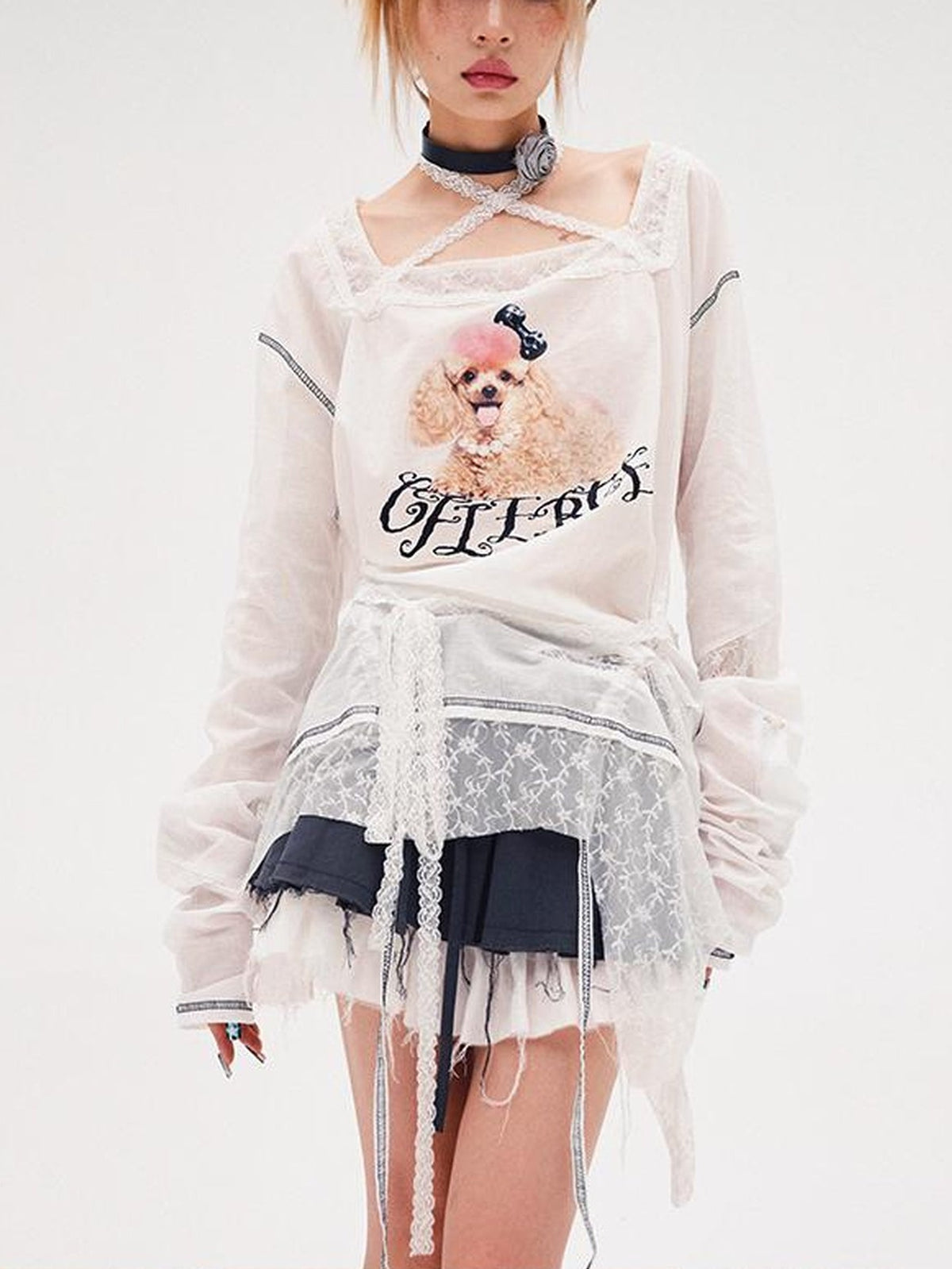CFIERCE Fierce Poodle Print Lace Trim Long Sleeve Top