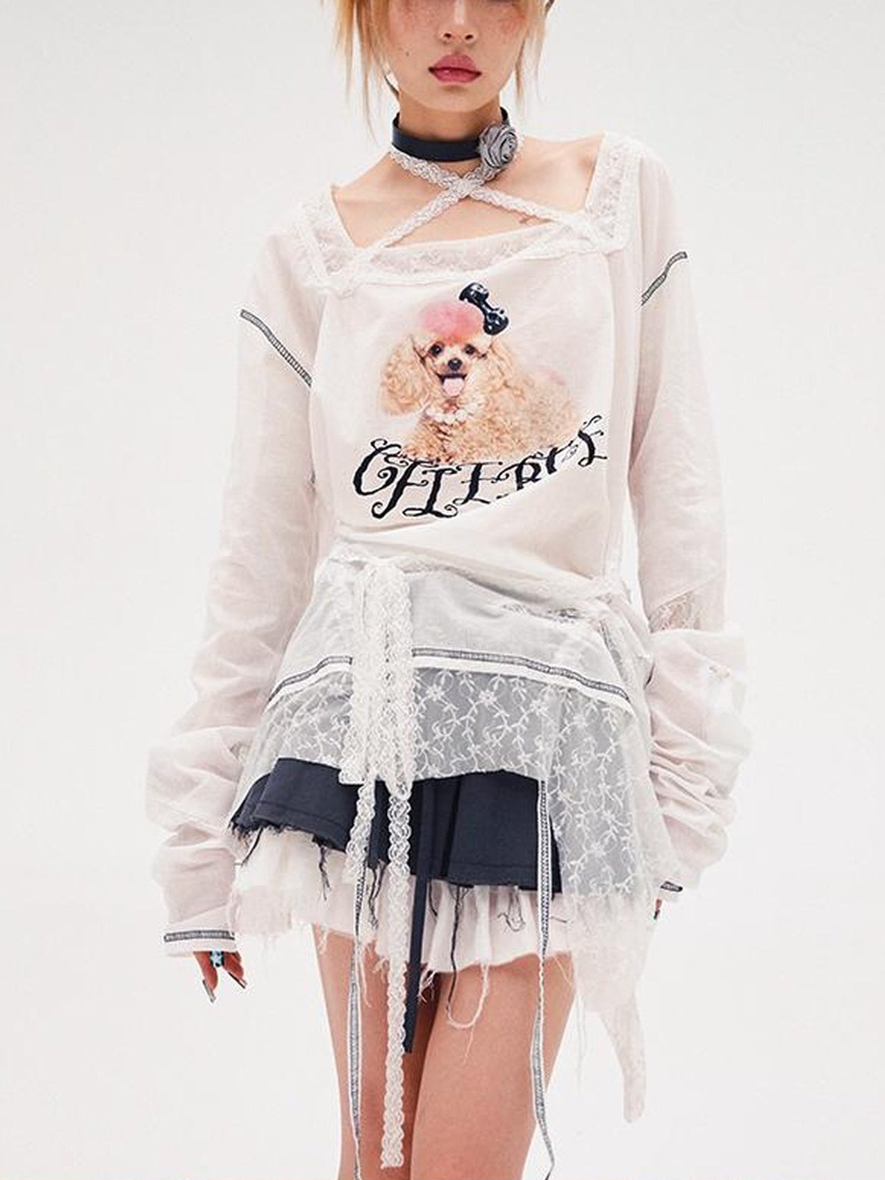 CFIERCE Fierce Poodle Print Lace Trim Long Sleeve Top