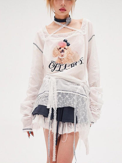CFIERCE Fierce Poodle Print Lace Trim Long Sleeve Top
