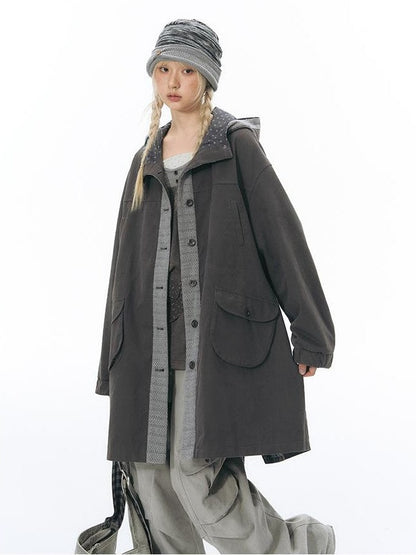 NAPSNAPS Hooded Panelled Loose Cotton Long Sleeve Mid Length Women&